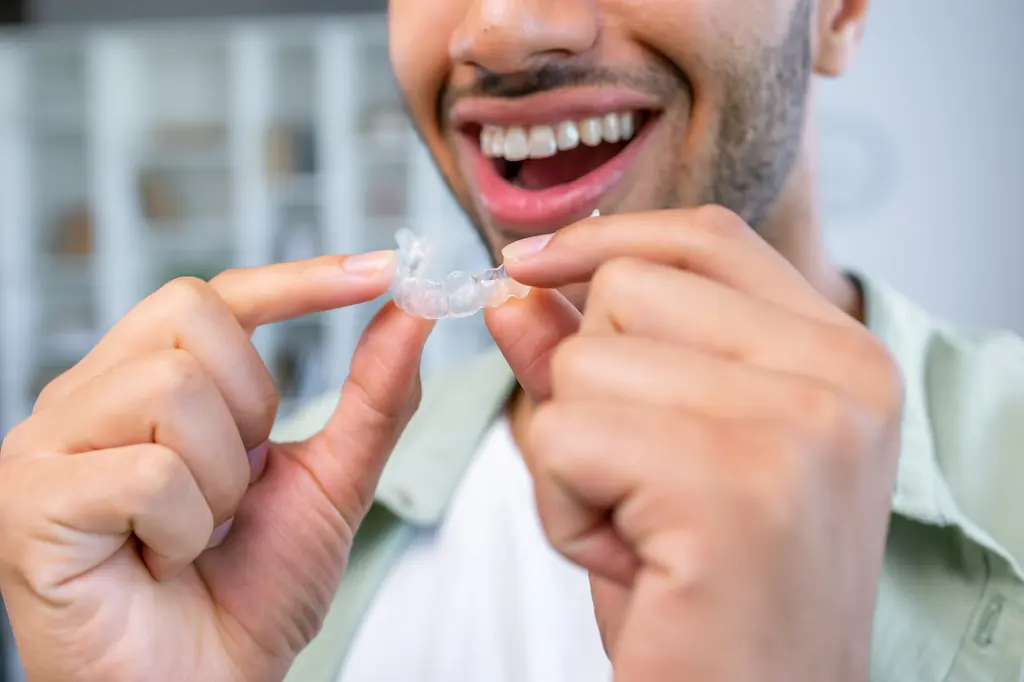 Smiling man holding clear aligner